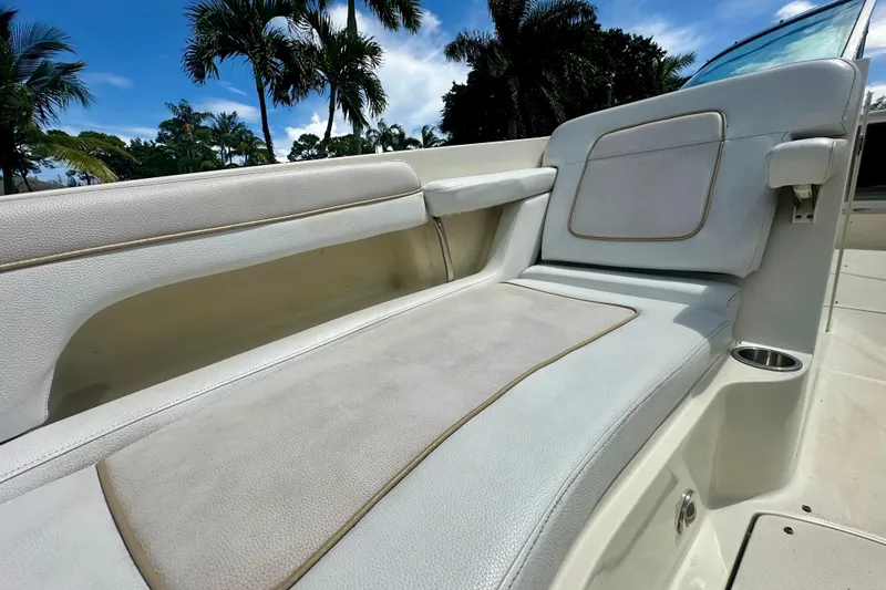Slide: The Image of 2010 Sea Ray 280 Sundeck interior seating with palm trees in the background. - 14