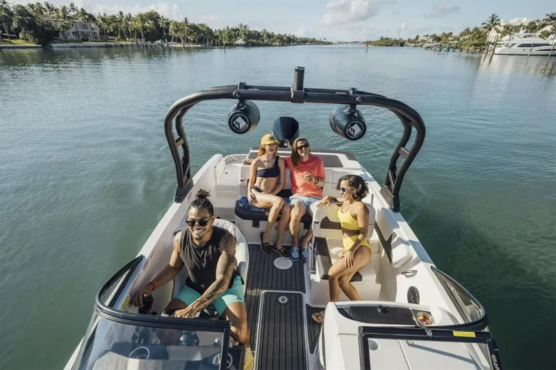 Slide: The Image of Manufacturer Provided Image: Top view layout of 2025 Bayliner VR6 Bowrider OB boat, showcasing seating and helm design. - 2