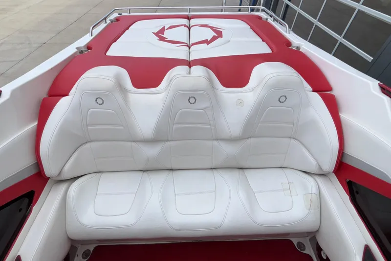 Slide: The Image of 2007 Fountain 38 Lightning boat interior with white and red seating. - 15