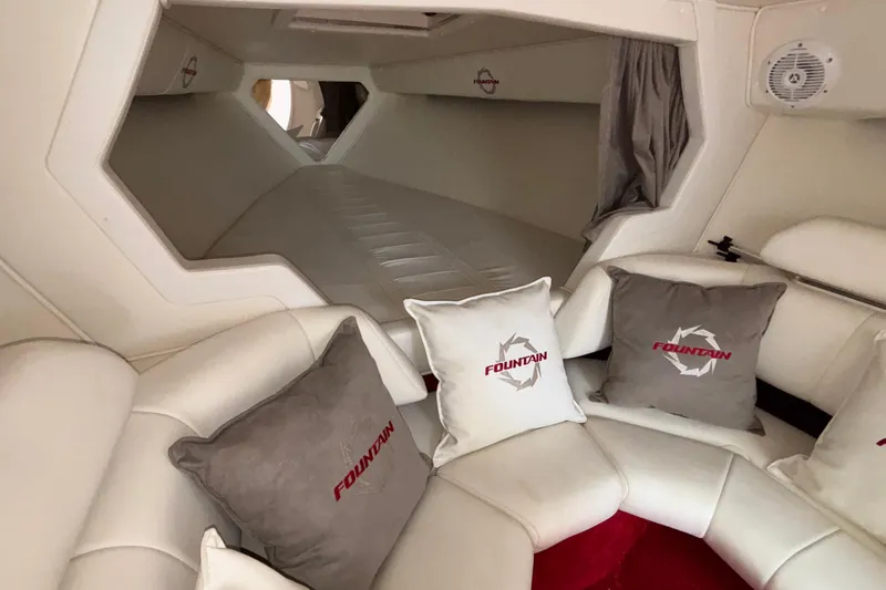 Slide: The Image of Luxurious interior of 2007 Fountain 38 Lightning boat with branded cushions and sleek design. - 36
