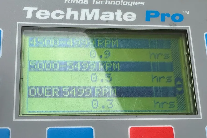 Slide: The Image of TechMate Pro display showing RPM hours for a 2007 Fountain 38 Lightning boat. - 55
