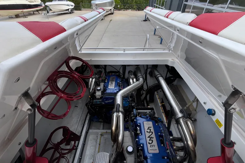 Slide: The Image of 2007 Fountain 38 Lightning boat engine compartment with dual Mercury 525 EFI engines. - 9