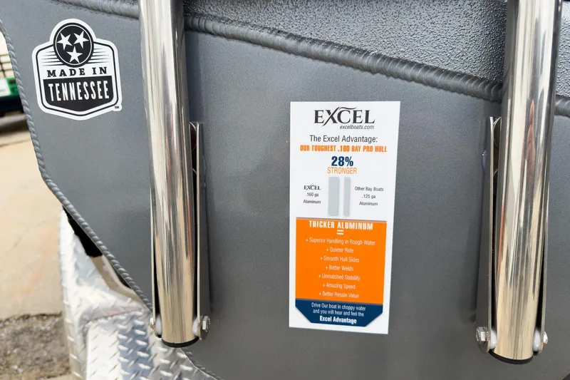 Slide: The Image of Excel Bay Pro Elite 230 boat, 2026 model, featuring durable aluminum hull, made in Tennessee. - 22
