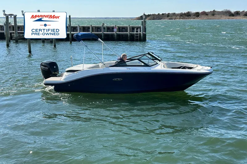 Slide: The Image of Sea Ray SPX 190 Outboard 2022 on the water with a blue hull and black outboard motor. - 0