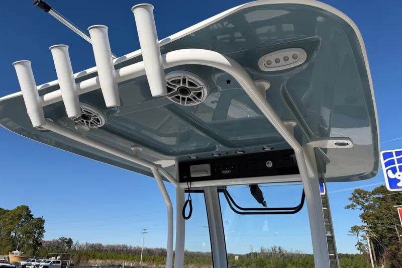 Slide: The Image of T-top of 2026 Sea Hunt Ultra 275 Coffin Box with rod holders and speakers. - 18