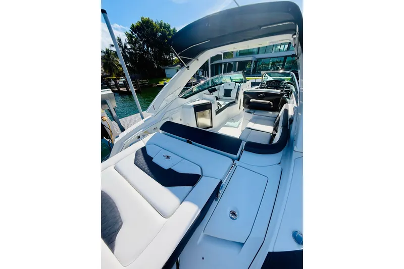 Slide: The Image of 2020 Monterey 328SS Super Sport boat interior with luxurious seating and modern design. - 26