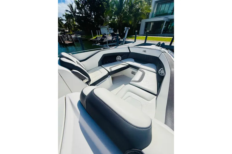 Slide: The Image of 2020 Monterey 328SS Super Sport boat interior with luxurious seating and modern design. - 28