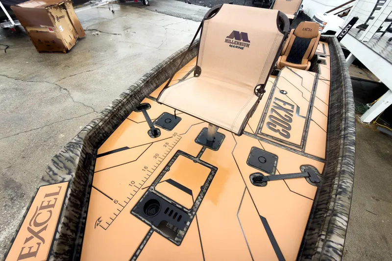 Slide: The Image of Top view of 2026 Excel EX203C Crappie & Bass boat deck with storage compartments. - 18