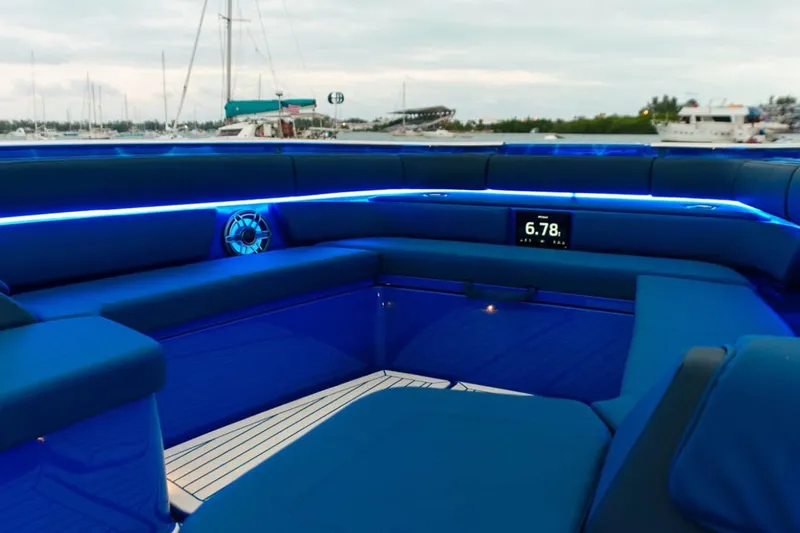Slide: The Image of Luxurious interior of 2024 Cigarette 59 Tirranna boat with blue LED lighting. - 24