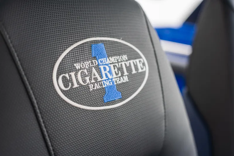 Slide: The Image of Manufacturer Provided Image: World Champion Cigarette Racing Team logo on 2024 Cigarette 59 Tirranna seat. - 4