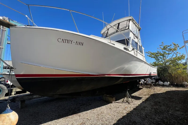 The Image of 1995 Young Brothers 38 Fly Bridge boat named "Cathy-Ann" on dry dock. - 0