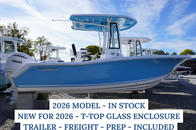 The Image of 2026 Tidewater 220 LXF boat with T-Top glass enclosure at Jim's Marine dealership. - 0