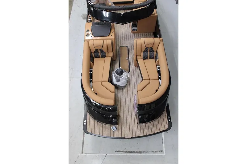 Slide: The Image of 2025 Harris Grand Mariner SL 230 pontoon boat with luxurious seating and sleek design. - 3