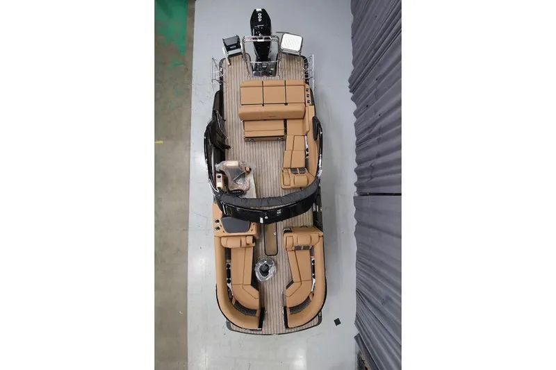 Slide: The Image of 2025 Harris Grand Mariner SL 230 pontoon boat, aerial view, showcasing spacious seating and modern design. - 4