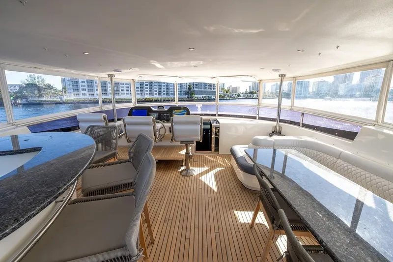 Slide: The Image of Luxurious interior of 2003 Johnson 87' Motor Yacht with panoramic windows and elegant seating. - 77