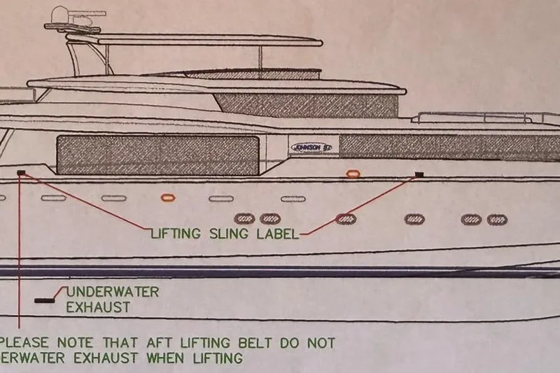 Slide: The Image of Diagram of a 2003 Johnson 87' Motor Yacht with lifting sling and exhaust labels. - 92