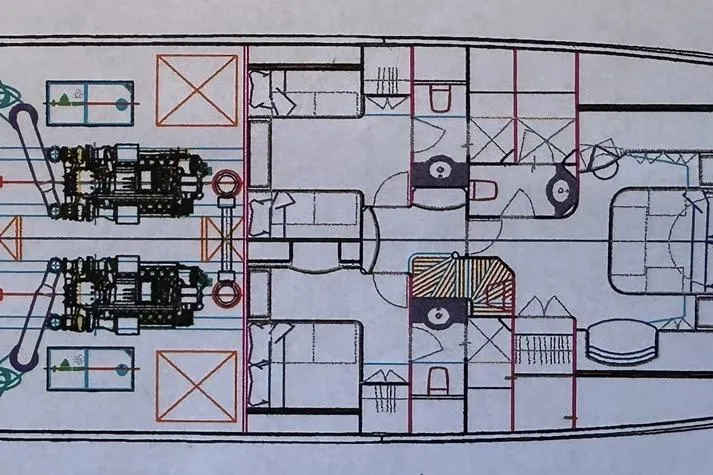 Slide: The Image of Floor plan of a 2003 Johnson 87' Motor Yacht, showcasing engine and cabin layout. - 93