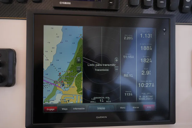 Slide: The Image of Garmin navigation display on 2014 Grady-White Freedom 307 boat, showing map and data. - 14