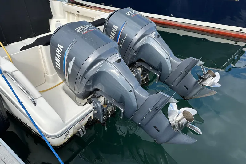 Slide: The Image of Twin Yamaha 250 outboard engines on a 2007 Pursuit OS 285 Offshore boat. - 36