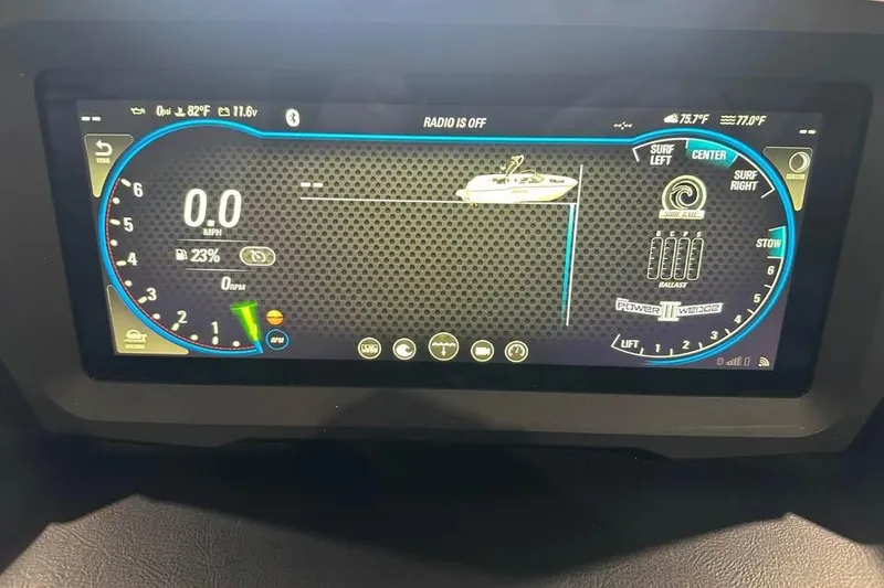 Slide: The Image of 2022 Malibu M220 dashboard display showing speed, RPM, and surf settings. - 9