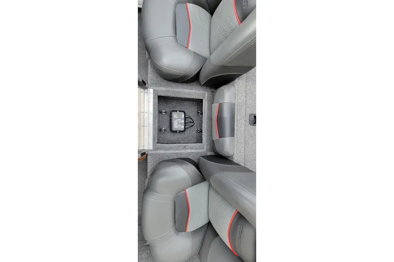 Slide: The Image of 2022 Bass Tracker PRO TEAM 190 interior seating with gray and red accents. - 27