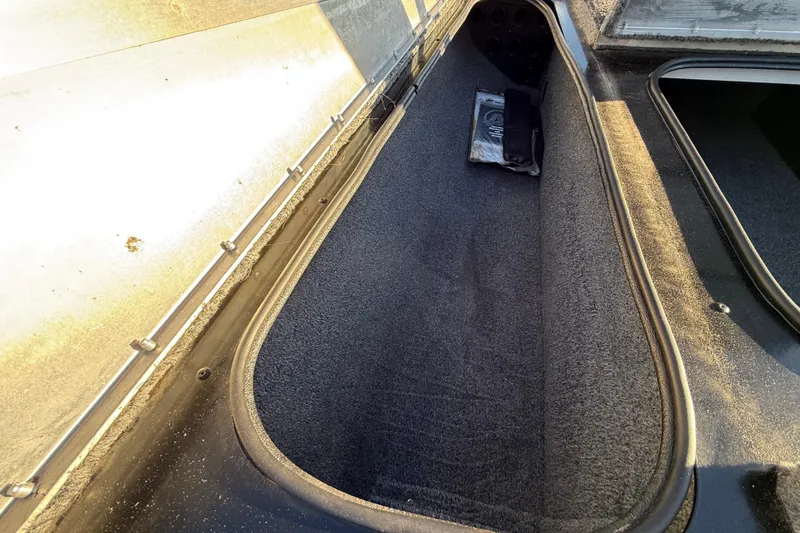 Slide: The Image of 2020 Tracker Pro Team 175 boat storage compartment with carpeted interior and accessories. - 27