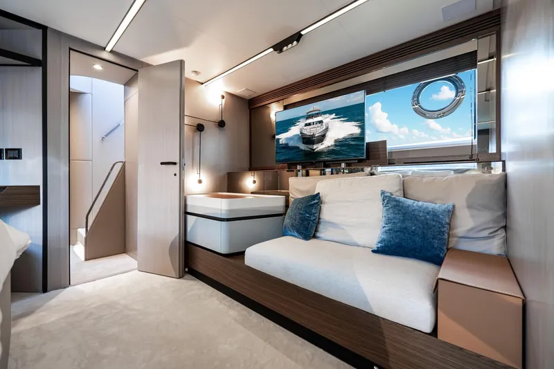 Slide: The Image of Luxurious interior of 2024 Azimut S7 yacht with modern design and plush seating. - 45