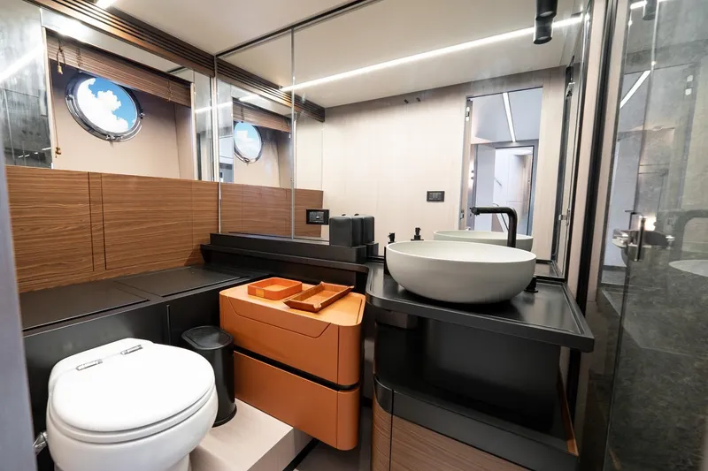 Slide: The Image of Luxurious 2024 Azimut S7 yacht bathroom with modern fixtures and elegant design. - 46