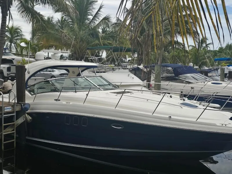 Slide: The Image of 2008 Sea Ray 40 Sundancer yacht docked among palm trees and other boats. - 3