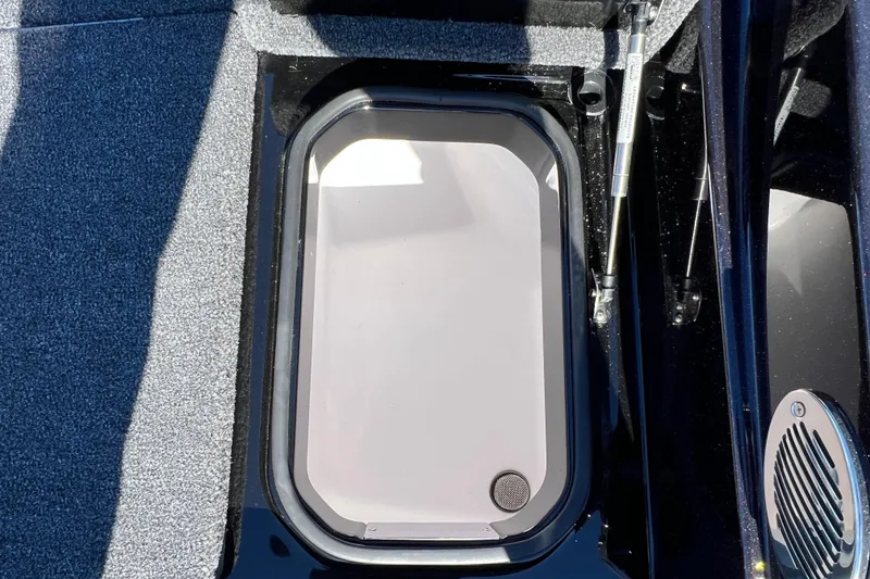 Slide: The Image of 2026 Vexus DVX20S boat storage compartment with hydraulic lift and carpeted interior. - 8