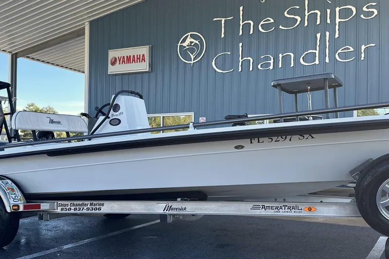 Slide: The Image of 2021 Maverick 18 HPX-V boat on trailer at The Ships Chandler, Yamaha sign visible. - 17