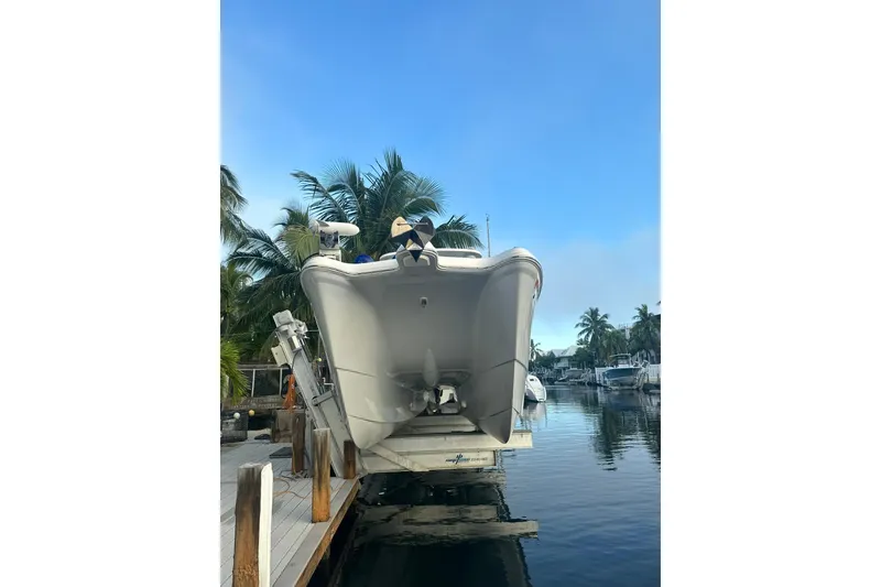 Slide: The Image of 2019 World Cat 295 CC boat on lift, surrounded by palm trees and calm water. - 14