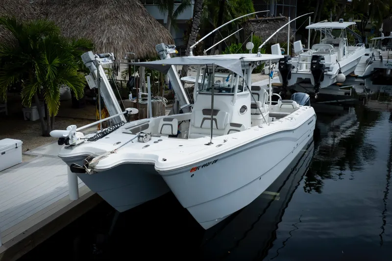 Slide: The Image of 2021 World Cat 295 CC boat docked near tropical foliage. - 3