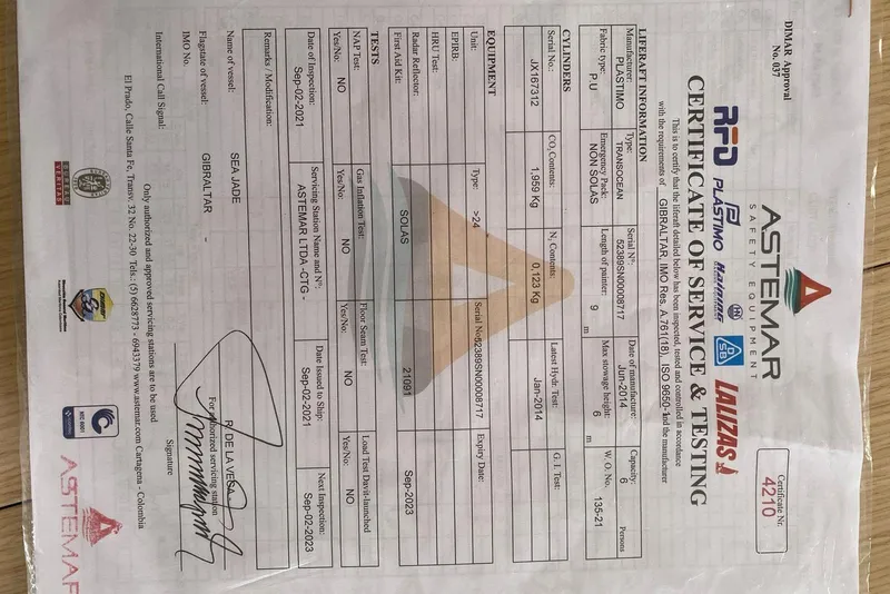 Slide: The Image of Certificate of service and testing for vessel, issued in Gibraltar, featuring safety equipment details. - 65
