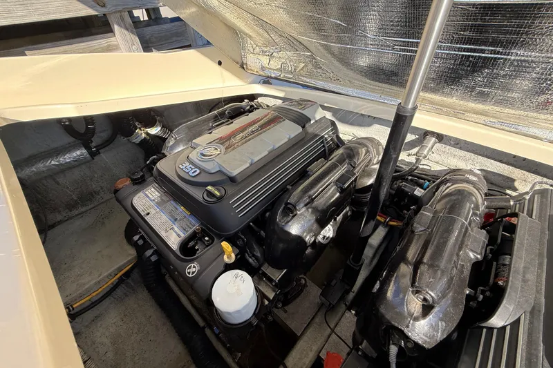 Slide: The Image of Engine compartment of a 2018 Chris-Craft Launch 30 boat, showcasing a powerful 350 engine. - 12