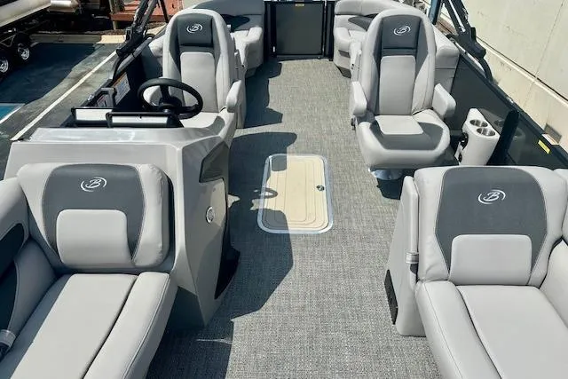 Slide: The Image of 2026 Barletta A22QC pontoon boat interior with gray seating and modern design. - 6
