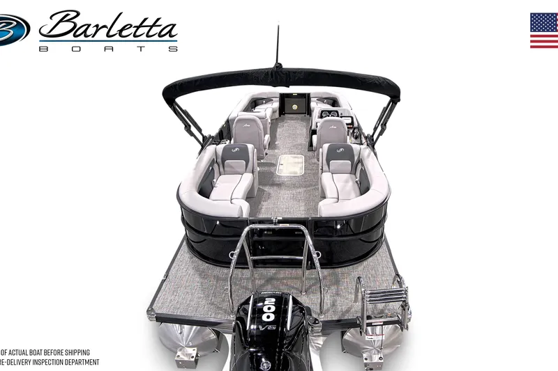 Slide: The Image of 2026 Barletta A24QC pontoon boat with spacious seating and sleek design. - 12