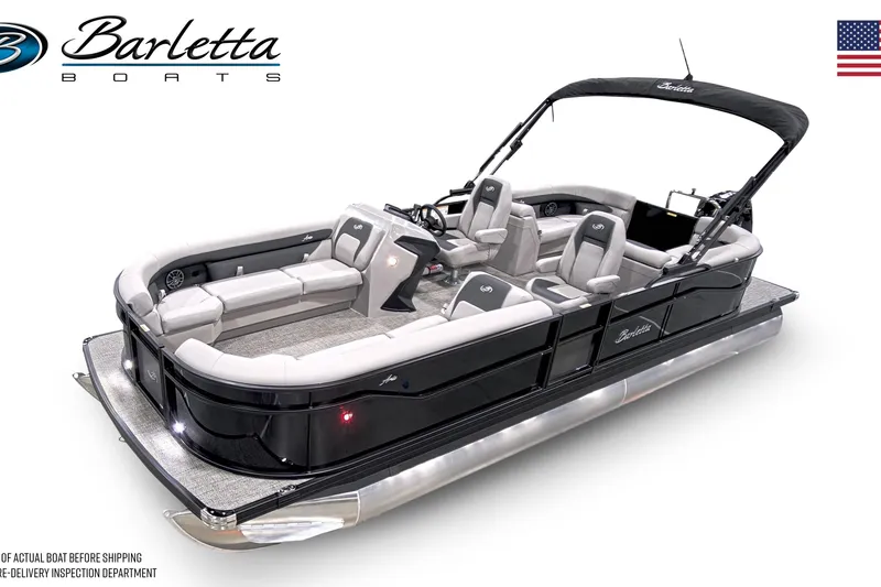 Slide: The Image of 2026 Barletta A24QC pontoon boat with sleek design and spacious seating. - 13