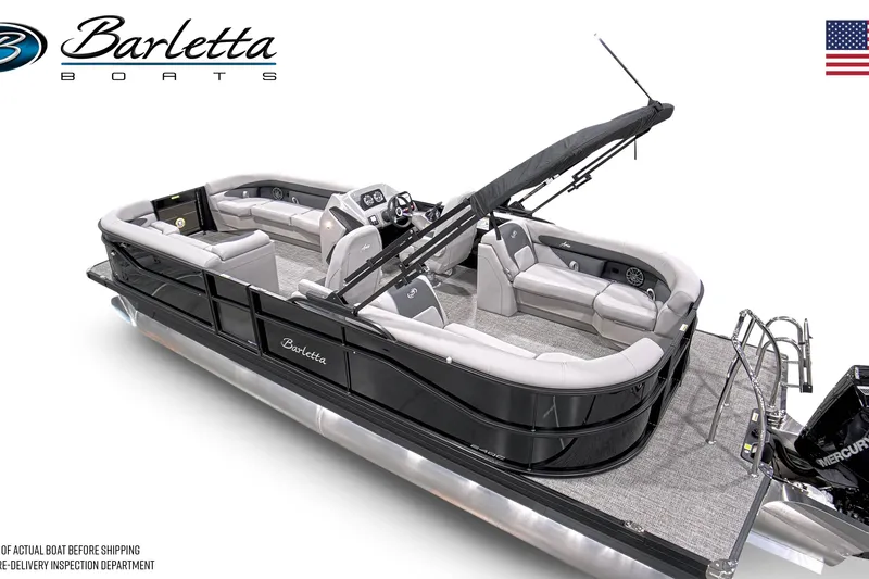 Slide: The Image of 2026 Barletta A24QC pontoon boat with sleek design and spacious seating. - 15