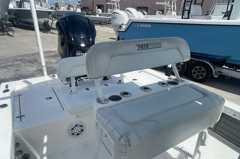 Slide: The Image of 2020 Pathfinder 2200 Tournament Edition boat with Yamaha 250 engine, docked outdoors. - 10