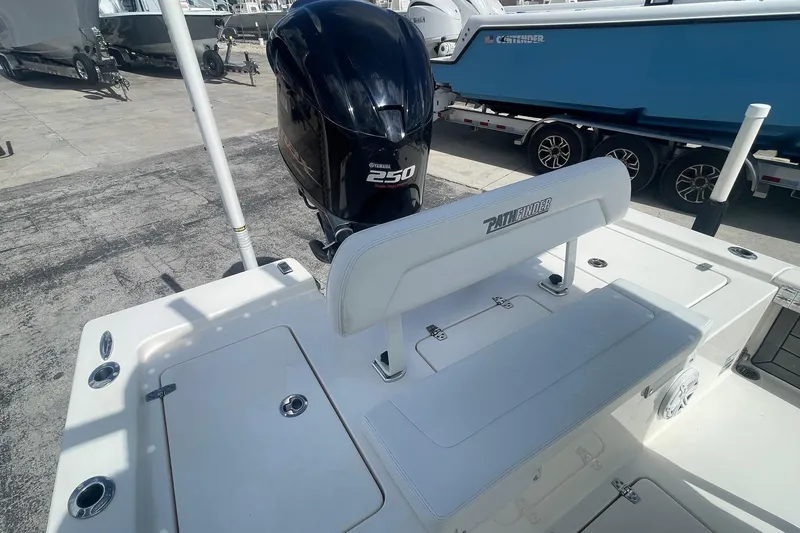 Slide: The Image of 2020 Pathfinder 2200 Tournament Edition boat with Yamaha 250 engine, docked outdoors. - 11