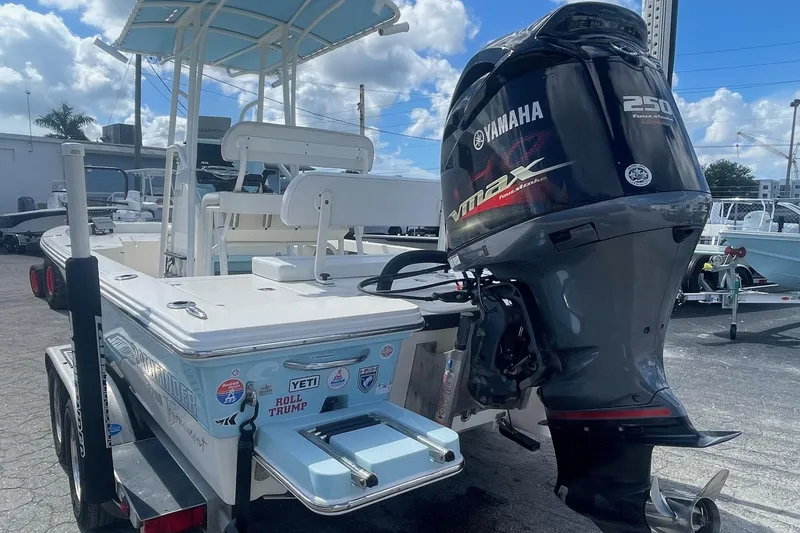 Slide: The Image of 2020 Pathfinder 2200 Tournament Edition boat with Yamaha VMAX 250 engine, parked on trailer. - 2