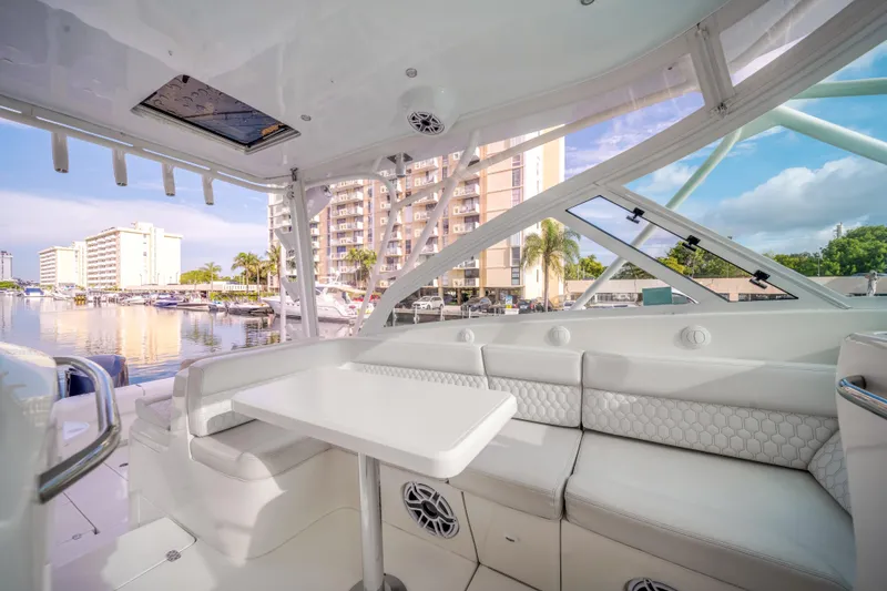 Slide: The Image of Luxurious interior of 2011 SeaVee 430 Sport Express yacht docked at marina. - 17