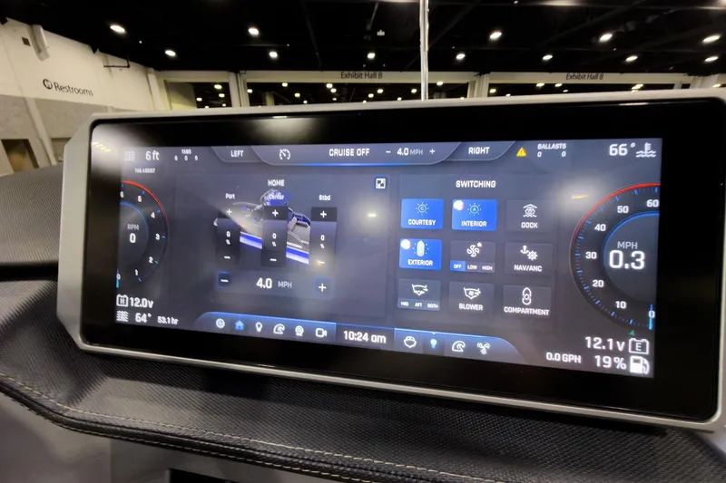 Slide: The Image of Touchscreen display of 2026 Montara Surf Boss EVO SL 23' boat, showing navigation and control settings. - 31