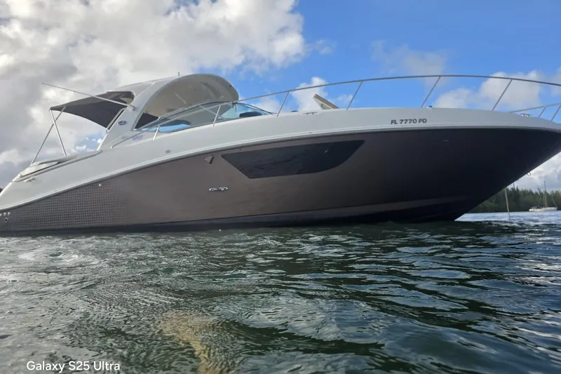 Slide: The Image of 2010 Sea Ray 370 Sundancer yacht on water, under cloudy sky, side view. - 14