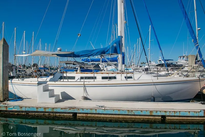 Slide: The Image of 1985 Catalina 36 sailboat docked in a marina under clear blue skies. - 3