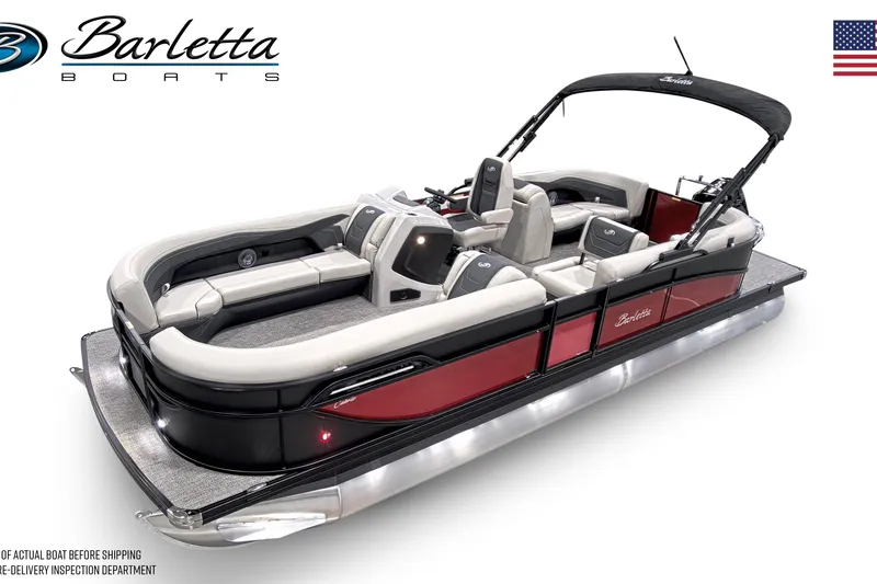 Slide: The Image of 2026 Barletta C24Q pontoon boat with sleek design and luxurious seating. - 12