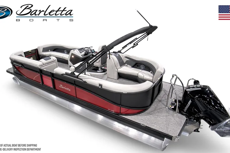 Slide: The Image of 2026 Barletta C24Q pontoon boat with sleek design and comfortable seating. - 13