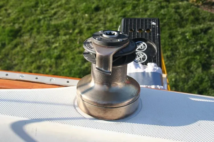 Slide: The Image of Close-up of a winch on a 1988 Pacific Seacraft Dana 24 boat. - 17