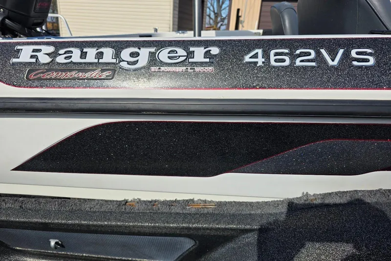 Slide: The Image of Close-up of 1997 Ranger 462VS Comanche boat model name and logo. - 3